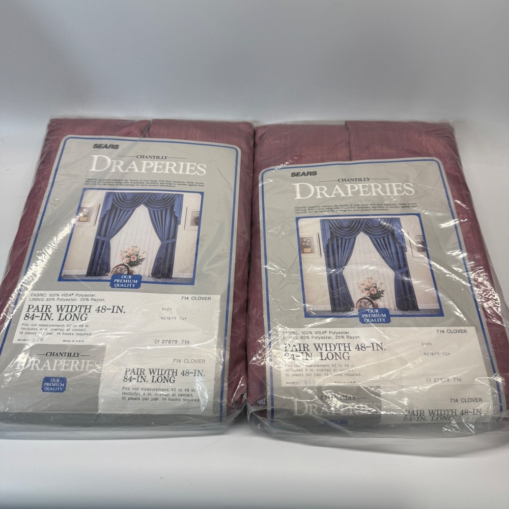 (2) Vintage Sears Chantilly Draperies 48x84 Maroon Pinch Pleat Curtains 70s